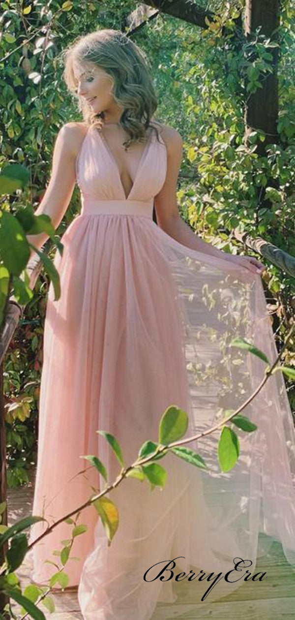 Deep V-neck Bridesmaid Dresses, Open Back Slit Bridesmaid Dresses