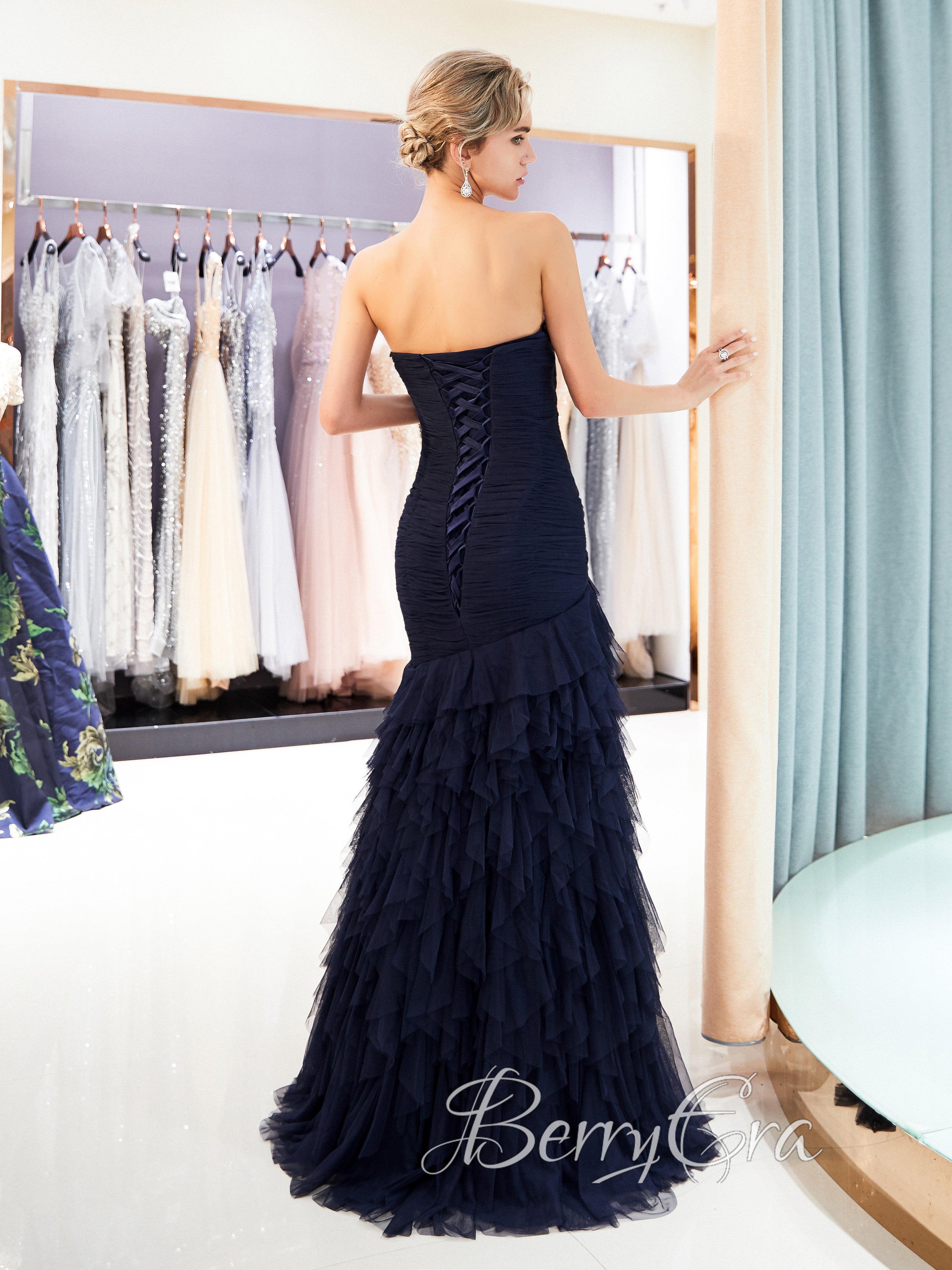 Navy Blue Tulle Prom Dresses, Gorgeous Mermaid Prom Dresses, 2023 Prom Dresses, Handmade Prom Dresses