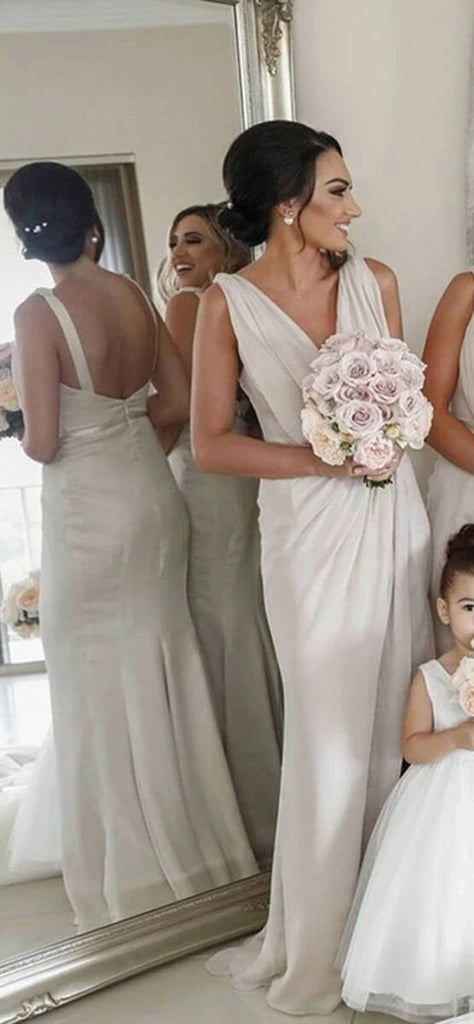 V-neck Sheath Side Slit Chiffon Bridesmaid Dresses, Long Bridesmaid Dresses, Popular Bridesmaid Dresses