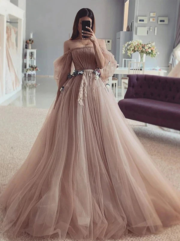 Off Shoulder Dark Nude Tulle Fairytale Prom Dresses, Wedding Dresses, Appliques Long Prom Dresses, 2021 Prom Dresses