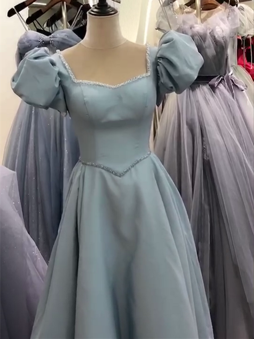 Square Neckline Dusty Blue Satin Prom Dresses, Bubble Sleeves Prom Dresses, A-line Prom Dresses, 2021 Prom Dresses