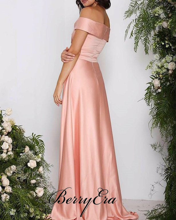 Off Shoulder Peach Elastic Satin Long Bridesmaid Dresses