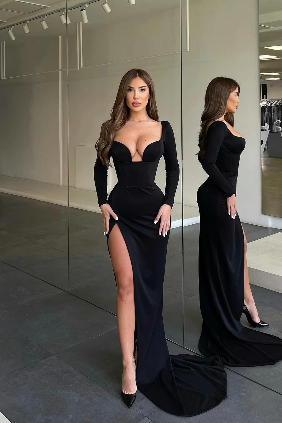 Black Long Sleeves Evening Party Dresses, High Side Slit Prom Dresses, 2023 Newest Mermaid Prom Dresses