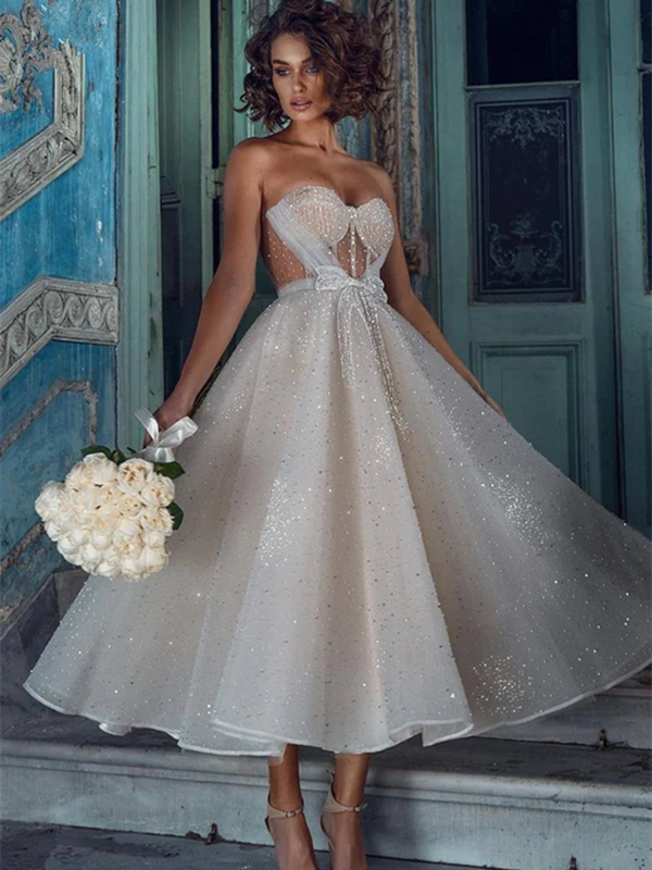 Sweetheart Tea Length Prom Dresses, 2024Fashion Sequins Prom Dresses, A-line Girl Evening Dresses, Newest Prom Dresses