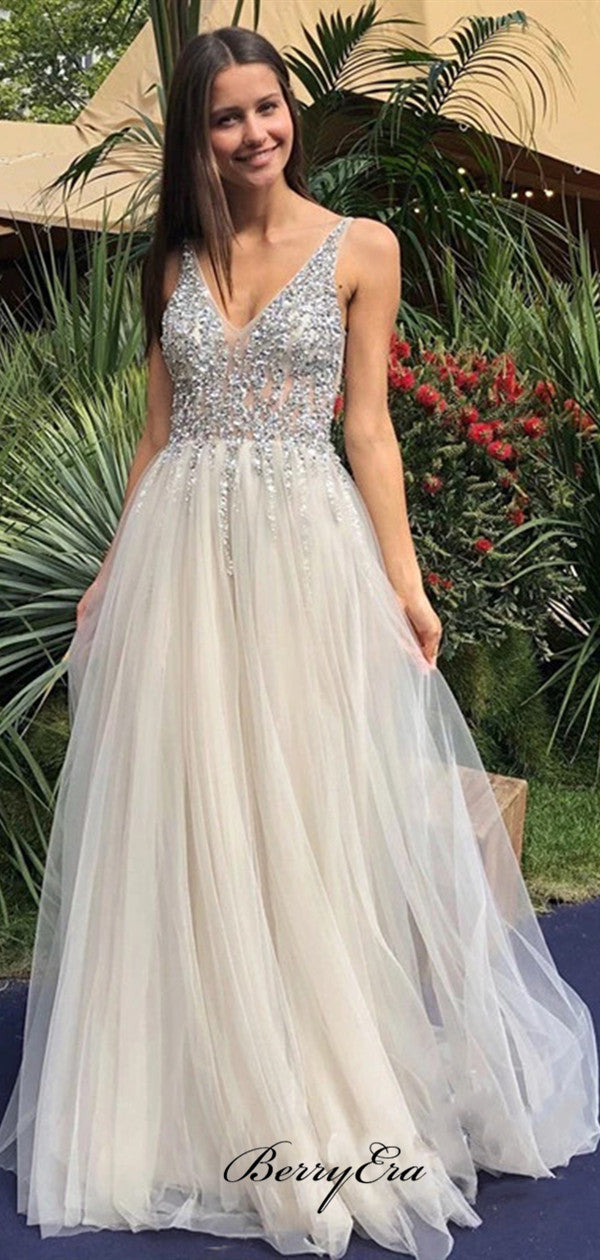 Tulle A-line Long Prom Dresses, V-neck Beaded Prom Dresses