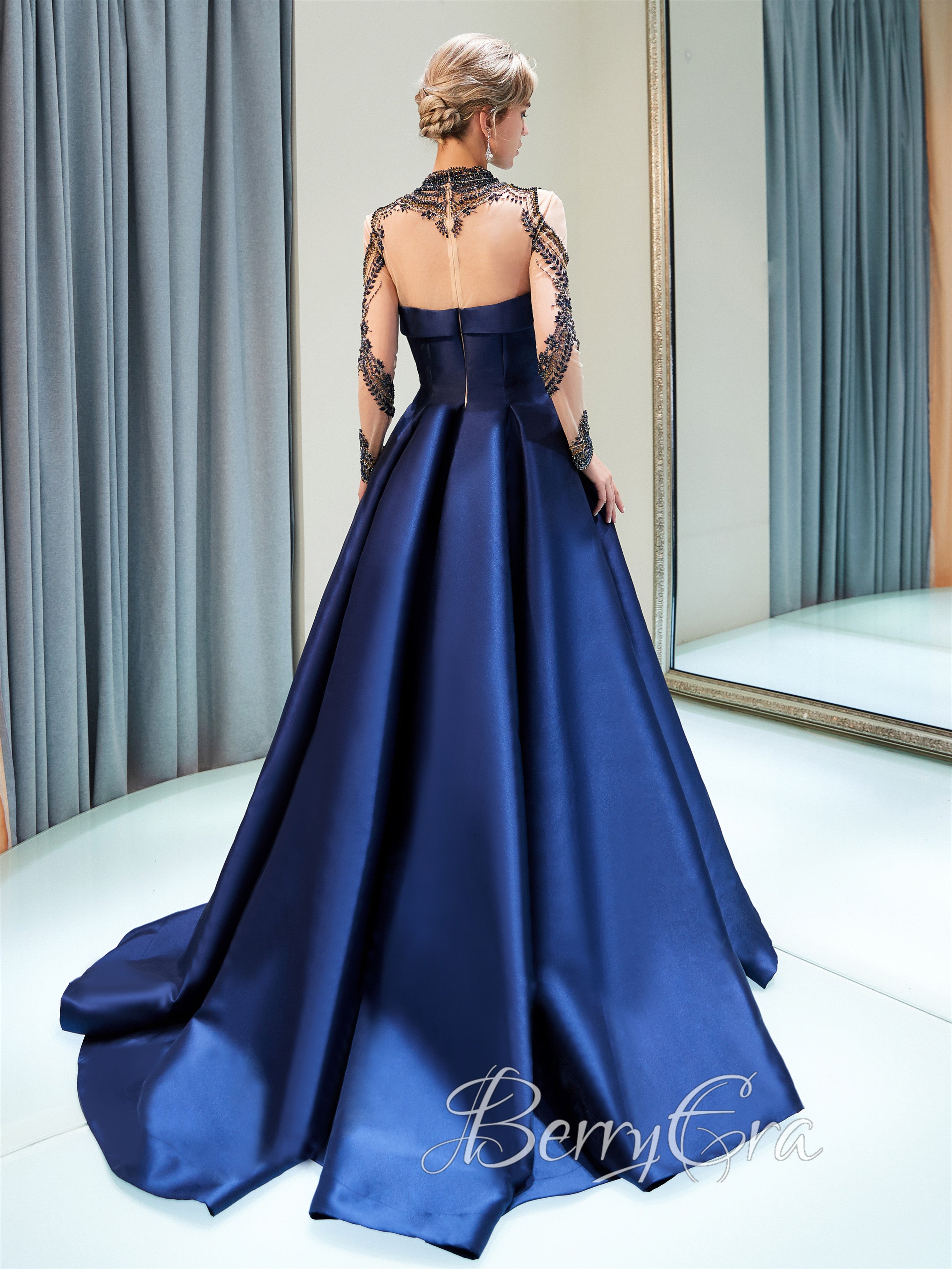 High Neck Beaded A-line Satin Prom Dresses. 2023 Prom Dresses, Long Prom Dresses, High Quality Evening Dresses