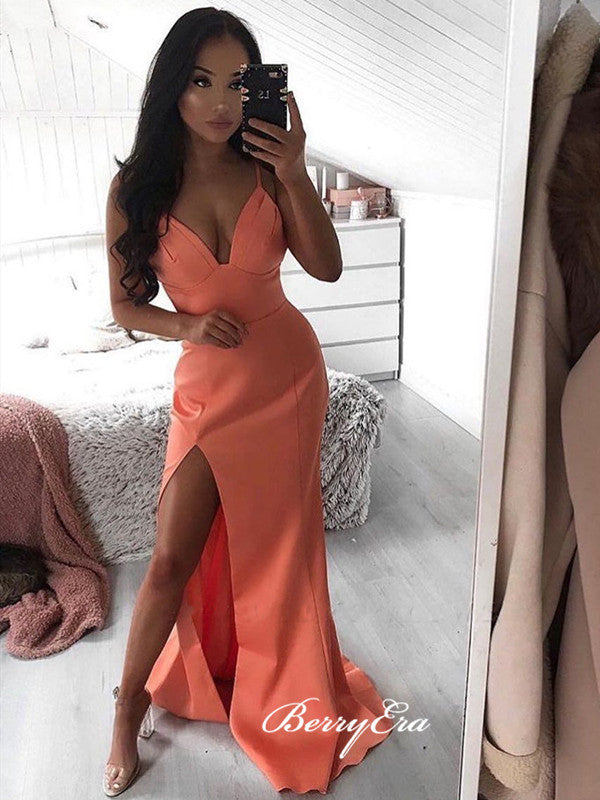 Simple Spaghetti Straps 2020 Prom Dresses, Sexy V-neck Quality Long Prom Dresses