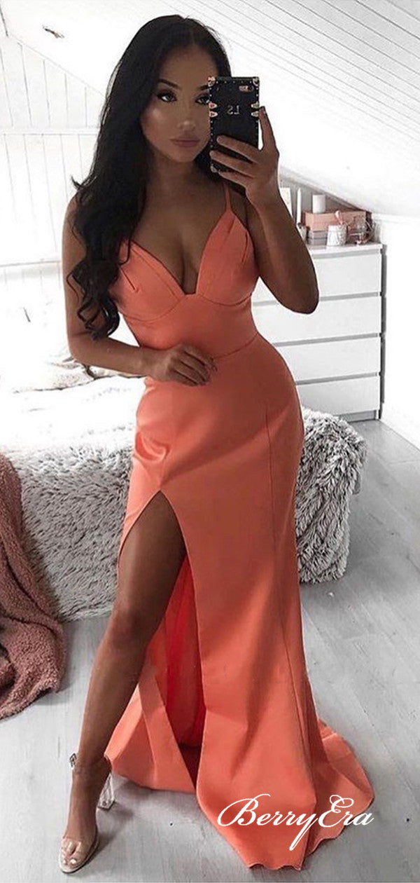 Simple Spaghetti Straps 2020 Prom Dresses, Sexy V-neck Quality Long Prom Dresses