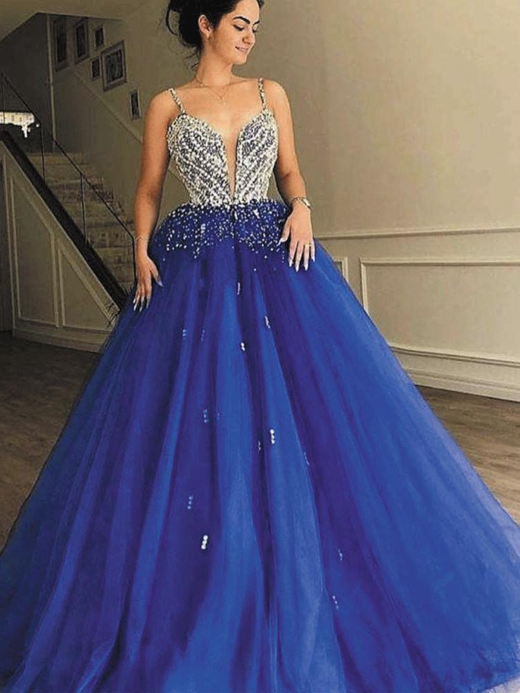 V-neck Rhinestone Beaded Top Long A-line Royal Blue Tulle Prom Dresses, Formal Dresses, Long Prom Dresses