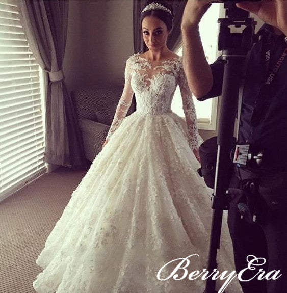 Long Sleeves Lace Tulle Ball Gown Wedding Dresses