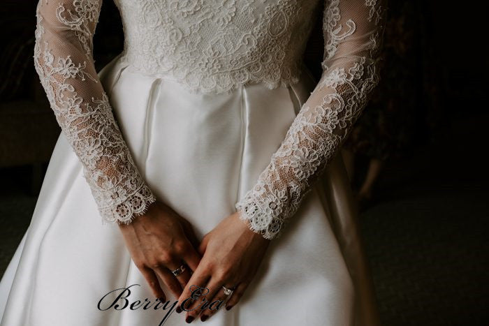 Long Sleeves Lace Satin Wedding Dresses, Elegant Wedding Dresses, Bridal Gown