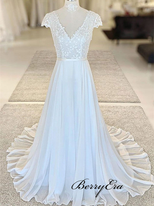 Lace V-neck Wedding Dresses, Chiffon A-line Bridal Gowns, New Trendy Wedding Dresses