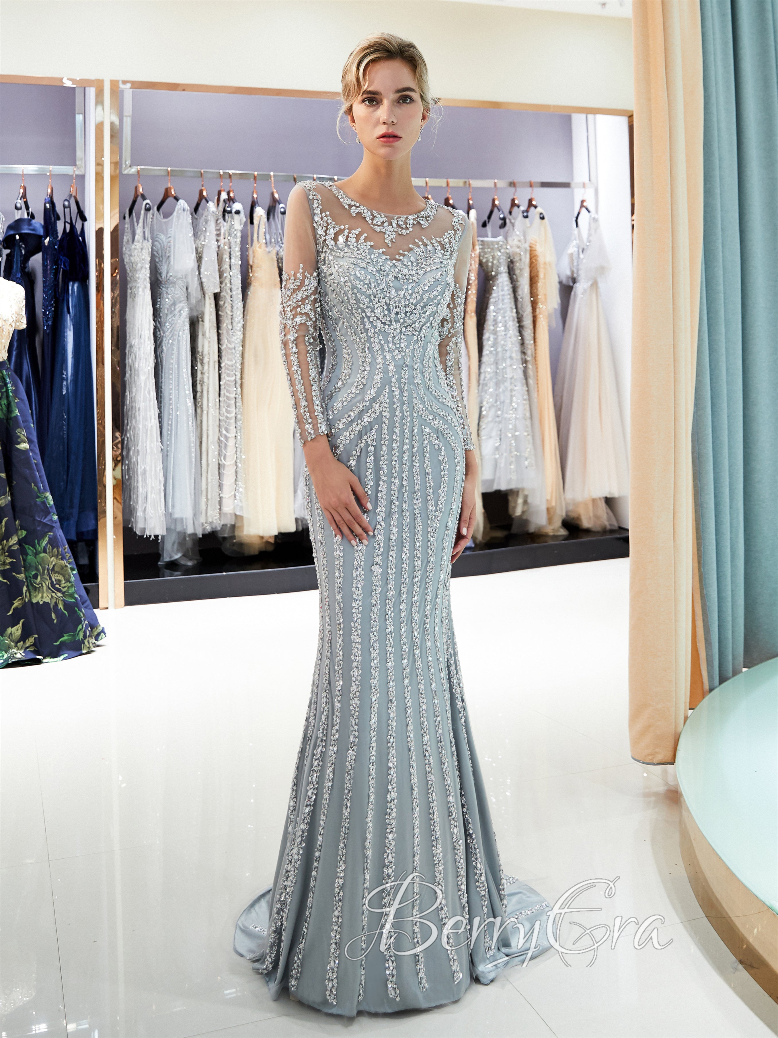 Luxury Beaded Mermaid Prom Dresses, Long Sleeves Prom Dresses, 2023 Prom Dresses, Evening Dresses