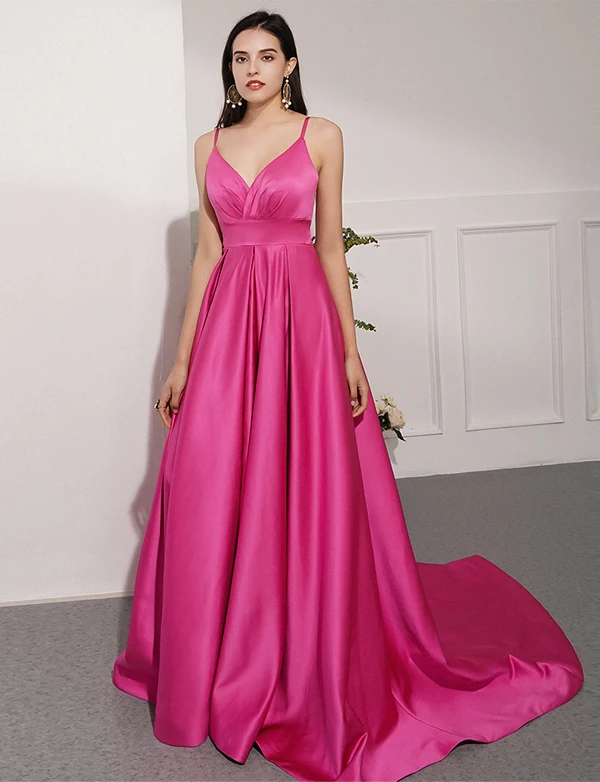 Spaghetti Long A-line Hot Pink Prom Dresses, Simple Prom Dresses, Satin Prom Dresses