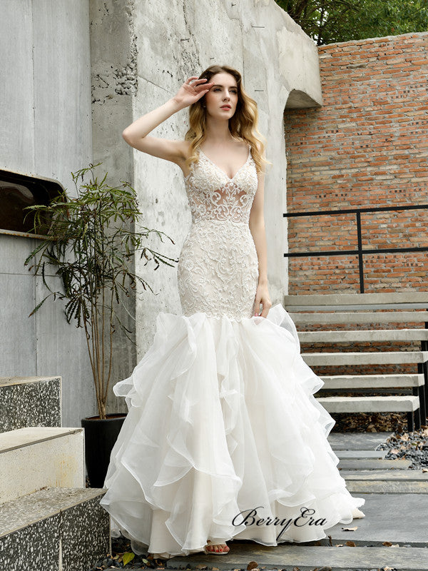 High Fashion Fluffy Wedding Dresses, Lace Mermaid Unique Wedding Dresses 2020