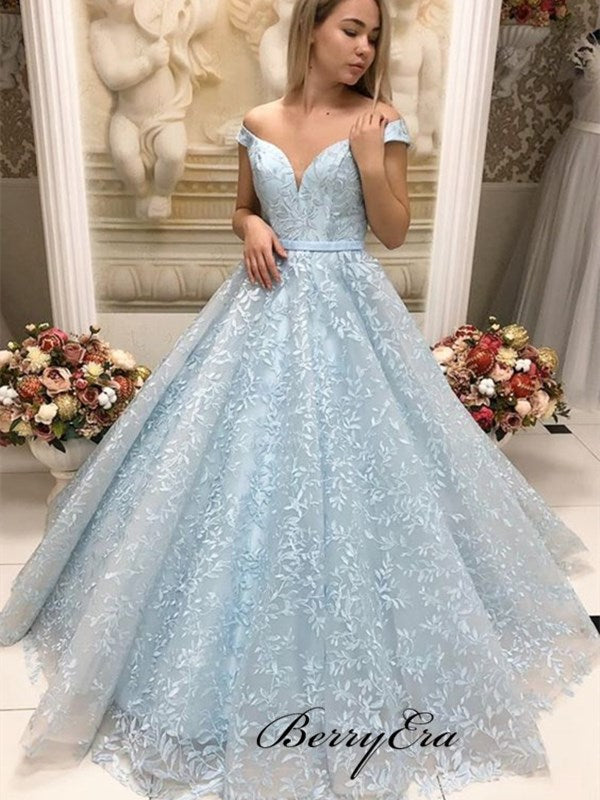 Off Shoulder Sky Blue Long Prom Dresses, A-line Elegant Lace 2020 Prom Dresses