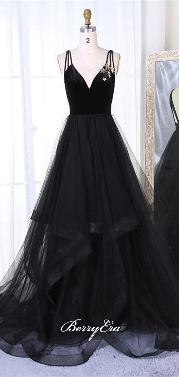 A-line Long Tulle Prom Dresses, Black School Graduation Prom Dresses, 2020 Prom Dresses