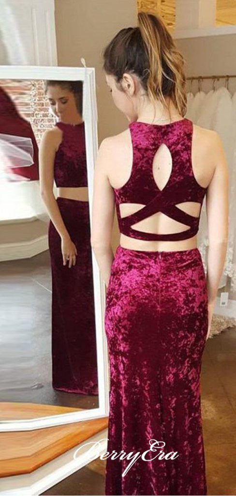 Two Pieces Sleeveless Prom Dresses, Slit Mermaid Long Prom Dresses