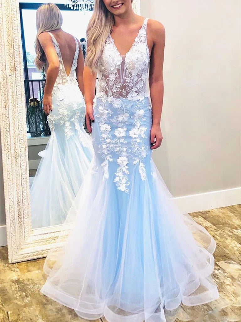 V-neck Long Mermaid Lace Tulle Prom Dresses, Appliques Prom Dresses, Light Blue Prom Dresses