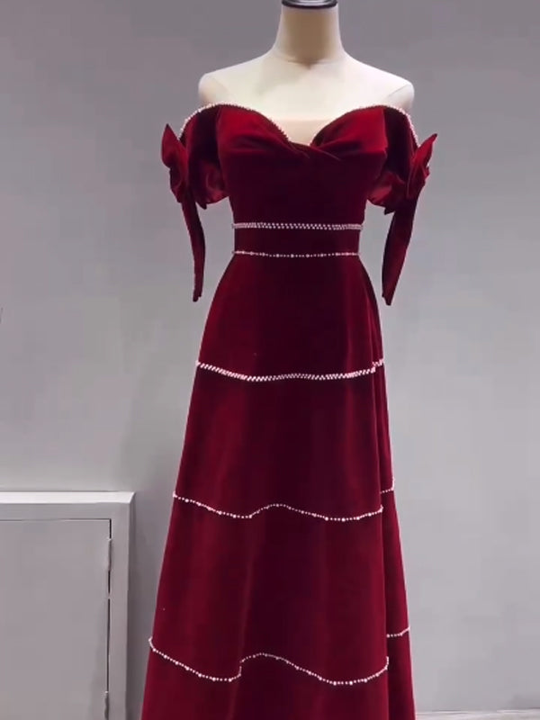 Burgundy Velvet Long Prom Dresses, Pearl Prom Dresses, A-line Prom Dresses, Formal Dresses, RC019