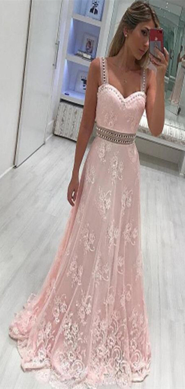 Sweetheart Pink A Line Prom Dresses, Lace Spaghetti Strap Party Dresses