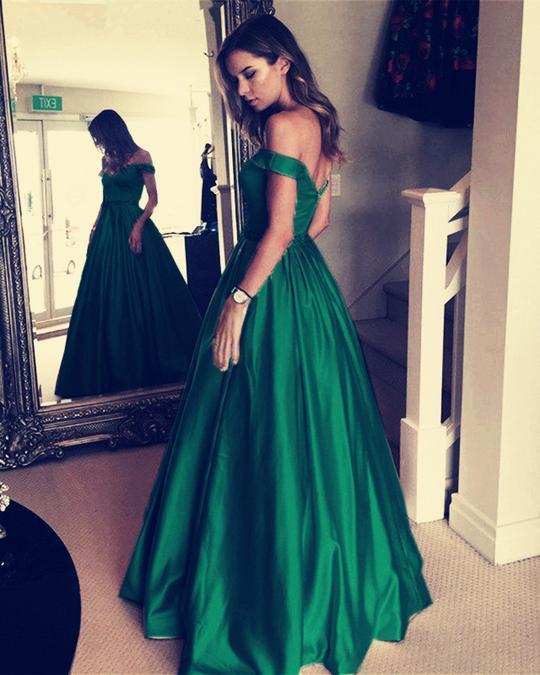 Emerald Green Satin Long A-line Off Shoulder Prom Dresses