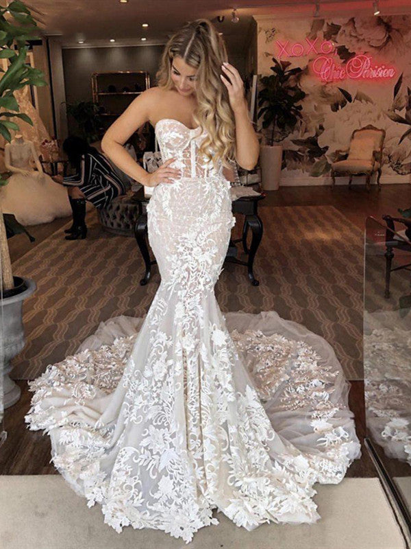 Sweetheart Fancy Long Wedding Dresses, Strapless Mermaid Lace Wedding Dresses