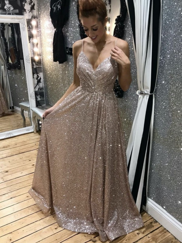 Spaghetti Straps Shiny Long Prom Dresses, Glitter Popular 2020 Prom Dresses