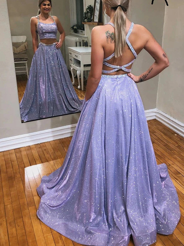 Two Pieces Shiny Popular Prom Dresses, Fashion Long Prom Dresses, 2020 Prom Dresses