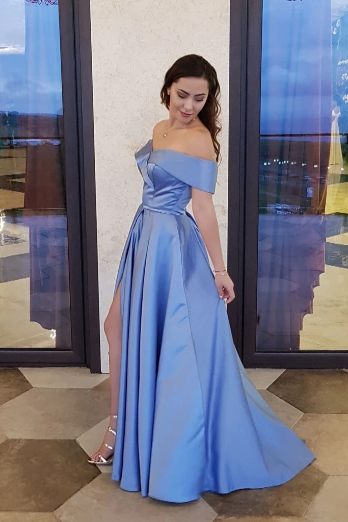 Off The Shoulder A-line Prom Dresses, Newest Satin 2021 Prom Dresses