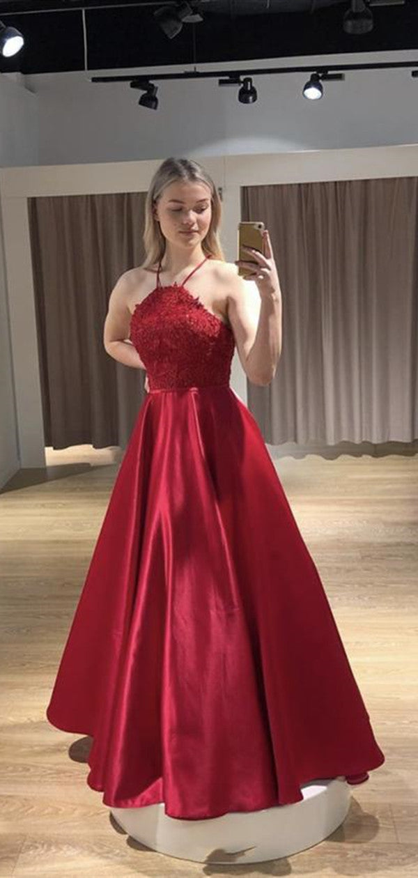 Sleeveless Halter Lace Prom Dresses, A-line Lace 2020 Prom Dresses