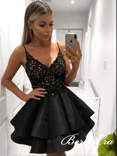 Spaghetti Black Lace Satin Homecoming Dresses, Short Prom Dresses