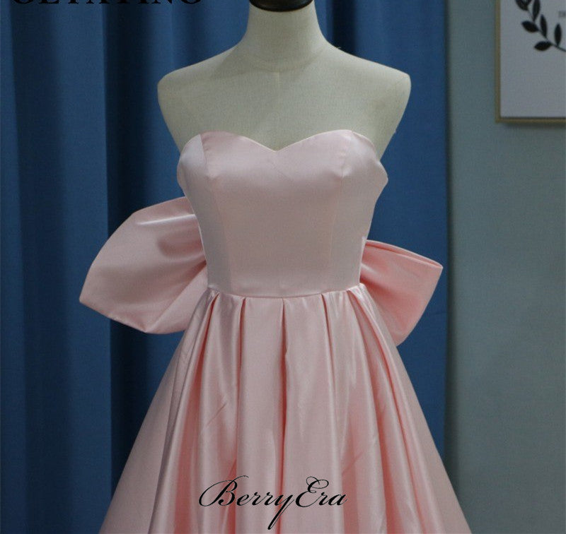 Blush Pink A-line Satin Prom Dresses, Long Prom Dresses With Bow, Cheap Prom Dresses