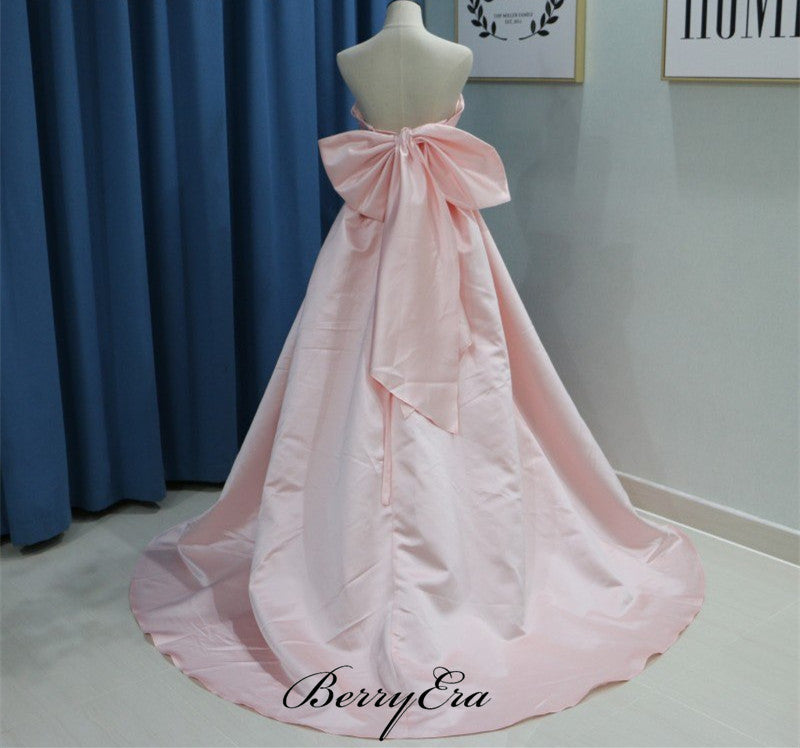 Blush Pink A-line Satin Prom Dresses, Long Prom Dresses With Bow, Cheap Prom Dresses