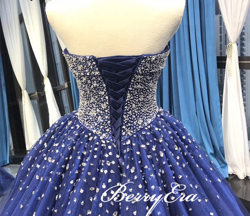 Sweetheart Long A-linr Royal Blue Rhinestone Beaded Prom Dresses, Sparkle Sequin Lace Up Ball Gown, Long Prom Dresses