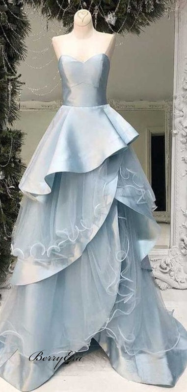 Fancy Fluffy Light Blue A-Line Long Prom Dresses Elegant Prom Dresses