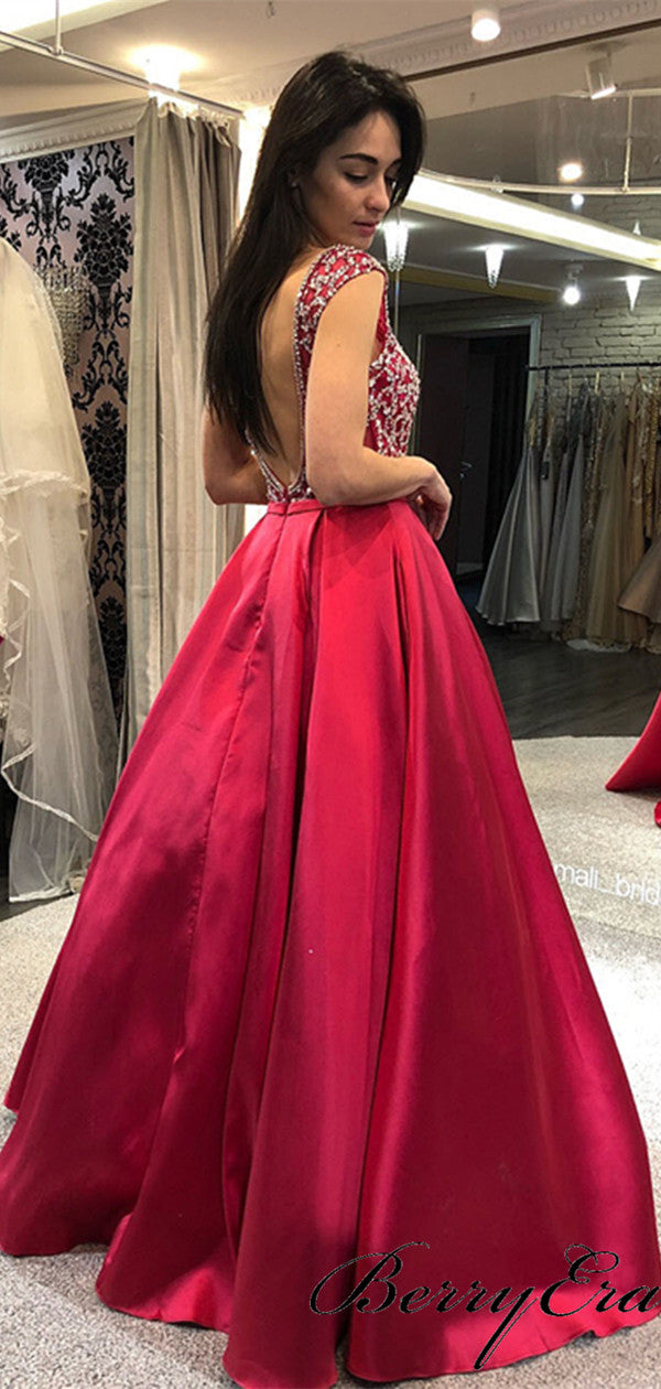 Beaded Satin Long A-line Prom Dresses, Popular Prom Dresses 2019