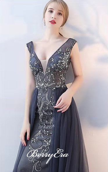 V-neck Dark Grey Rhinestone Beaded Tulle Prom Dresses, Popular Prom Dresses