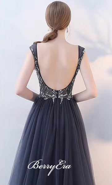 V-neck Dark Grey Rhinestone Beaded Tulle Prom Dresses, Popular Prom Dresses