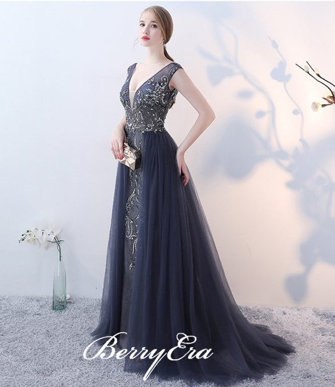 V-neck Dark Grey Rhinestone Beaded Tulle Prom Dresses, Popular Prom Dresses