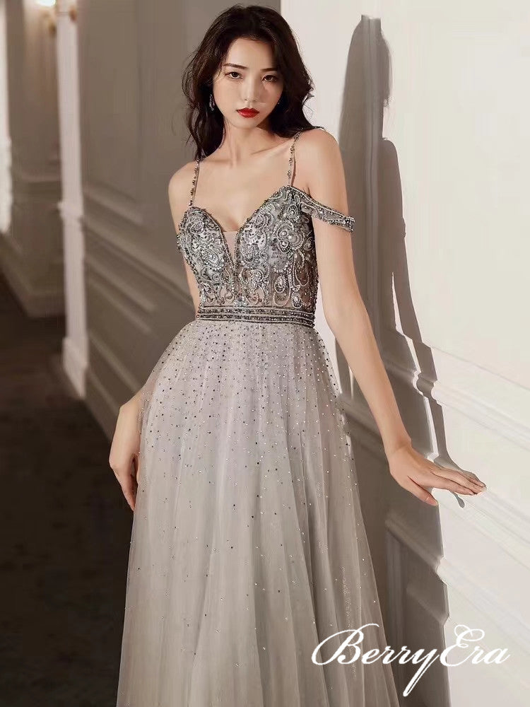 Spaghetti Long A-line Grey Beaded Tulle Long Prom Dresses, Popular Prom Dresses