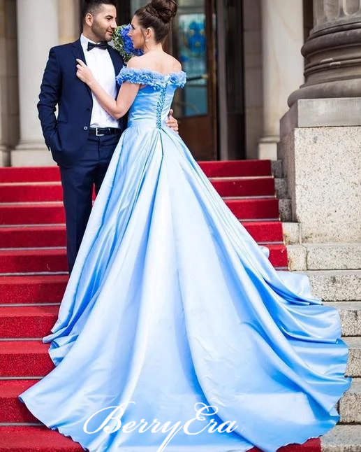 Off Shoulder Blue Satin Appliques Long Prom Dresses, Simple Prom Dresses