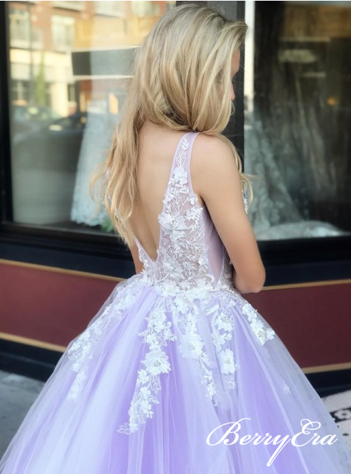 V-neck Long A-line Purple Tulle Lace Long Prom Dresses, New Arrival Prom Dresses