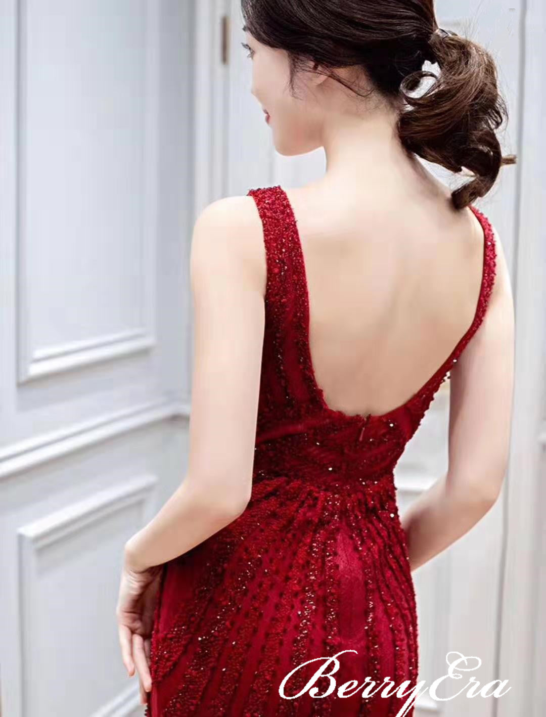 V-neck Red Beaded Long Mermaid Prom Dresses, Long Prom Dresses, Mermaid Prom Dresses