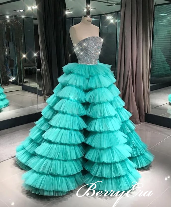 Strapless Long A-line Green Tulle Fluffy Beaded Prom Dresses, Ball Gown, Long Prom Dresses