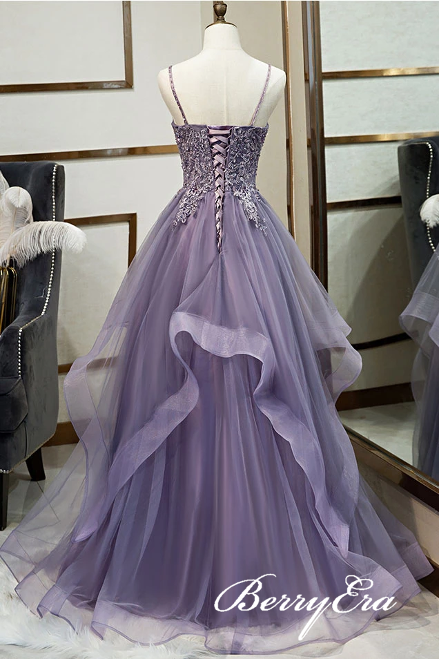 Spaghetti Long A-line Tulle Lace Appliques Prom Dresses, Elegant Purple Prom Dresses, Long Prom Dresses