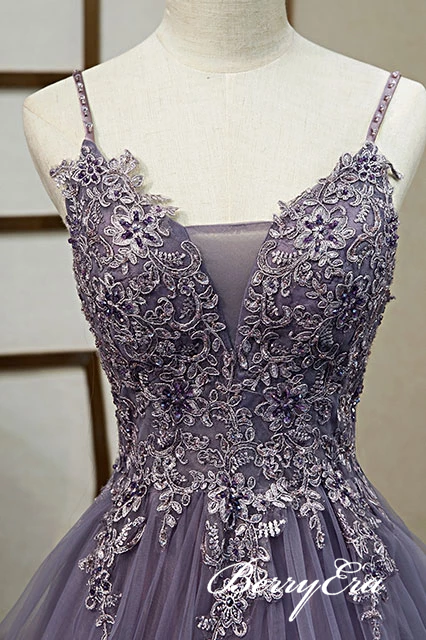 Spaghetti Long A-line Tulle Lace Appliques Prom Dresses, Elegant Purple Prom Dresses, Long Prom Dresses