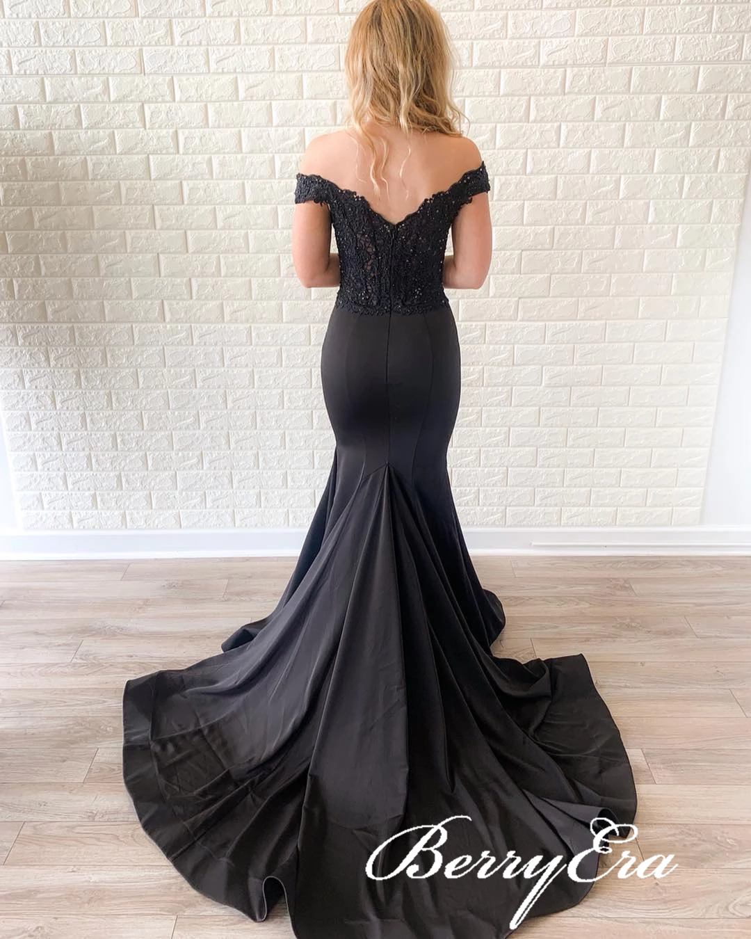 Off Shoulder Black Satin Lace Beaded Prom Dresses, Mermaid Prom Dresses, Popular Prom Dresses