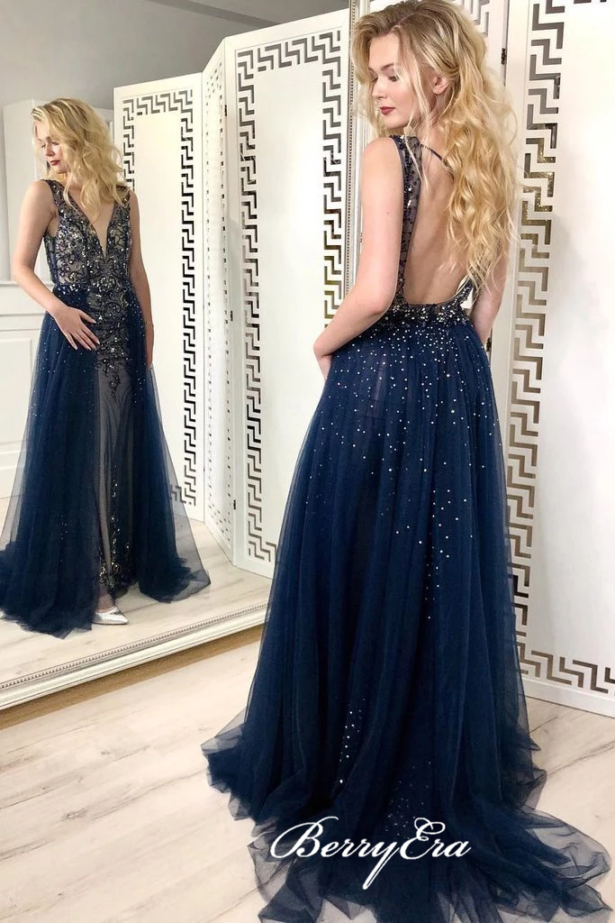 V-neck Gorgeous Rhinestone Beaded Long Prom Dresses, Luxury Prom Dresses, Long Prom Dresses