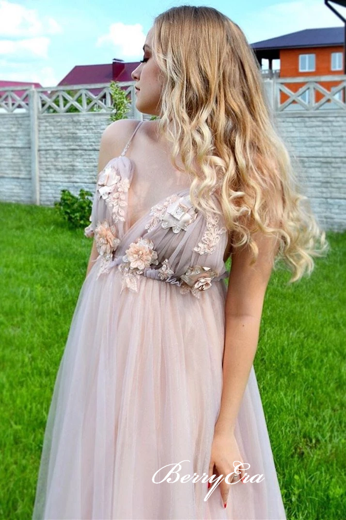 Spaghetti Pink Tulle Prom Dresses, Appliques Prom Dresses, Romantic Long Prom Dresses, Cheap Prom Dresses